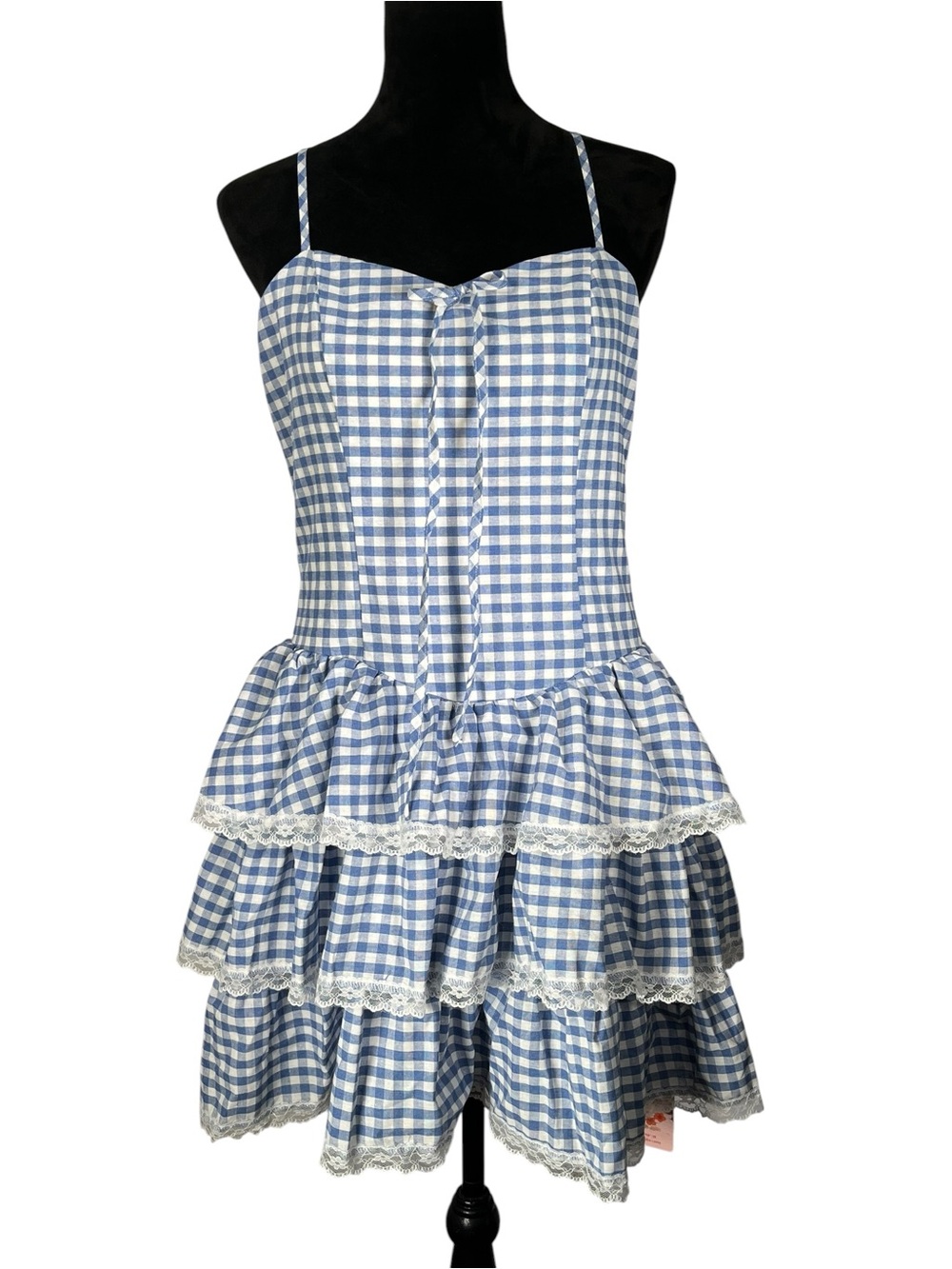 Blue White Gingham Tiered Lace-Trim Dress Coquette Sundress Cottagecore Large